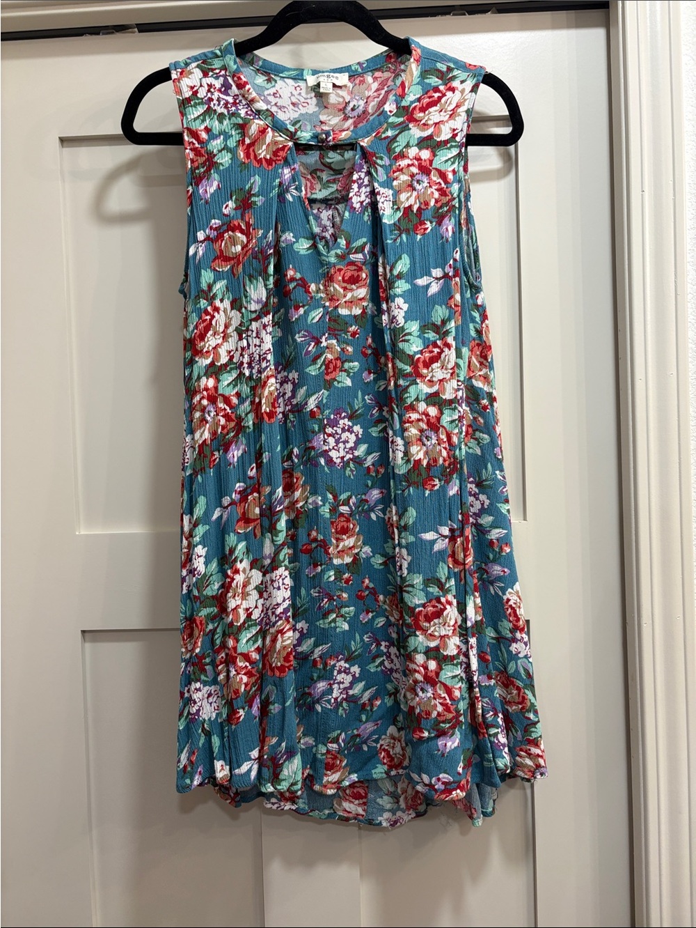 Umgee Teal Floral A-Line dress with Red and White Blooms